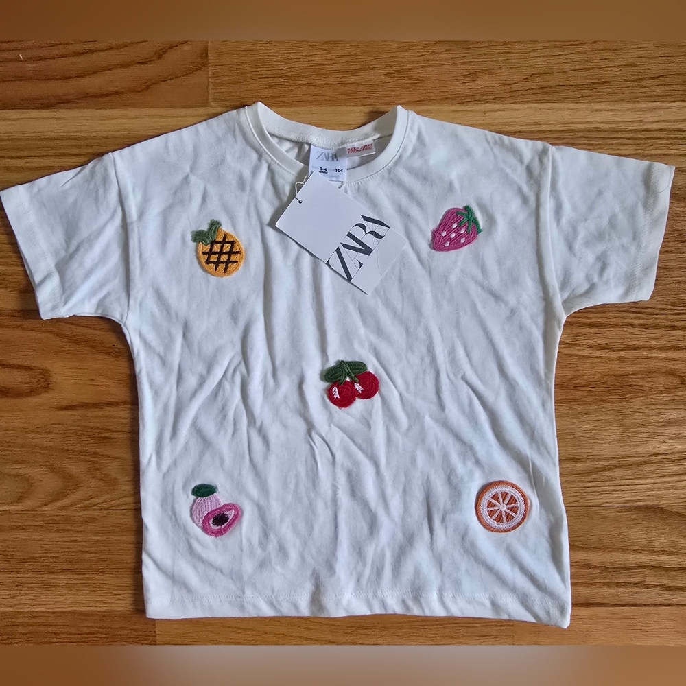 Zara Kids White Fruit Embroidered T-Shirt